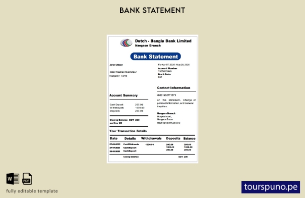 listo para imprimir Plantilla de Word   extracto bancario de Bangladesh Dutch Ba
